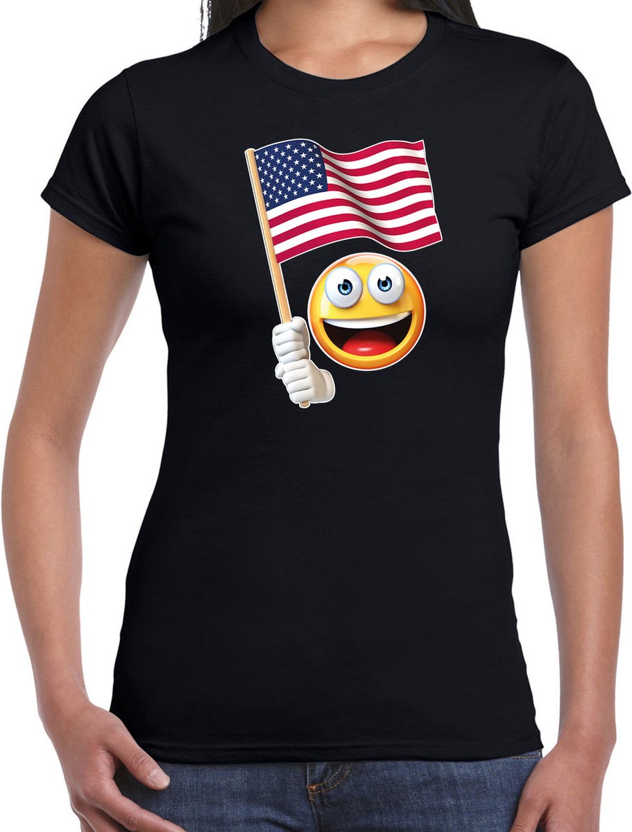 Amerika emoticon t-shirt met Amerikaanse vlag - zwart - dames - Amerika fan / supporter shirt - WK voetbal XS