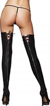 Wetlook Zipper and Lace-Up Stockings - Black - Maat L/XL