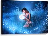 Canvas  - Vrouw met Lichtgevende Maan in Blauwe Natuur - 100x75cm Foto op Canvas Schilderij (Wanddecoratie op Canvas)