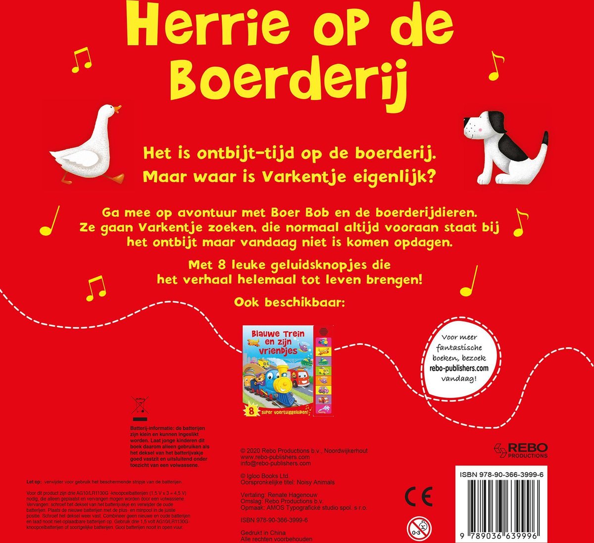De achterkant van het boek 'Herrie op de boerderij' met tekst en illustraties van boerderijdieren, waaronder een eend en een hond.