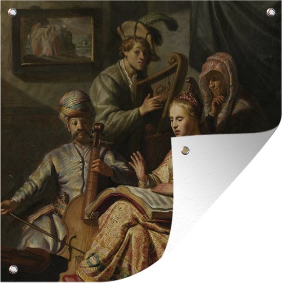 Tuindoek Het musicerend gezelschap - Rembrandt van Rijn - 100x100 cm