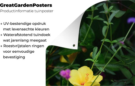 Tuinposter 120x180 cm - Tuindecoratie Teunis bloem tussen de groene planten - Poster voor in de tuin - Buiten decoratie - Schutting tuinschilderij - Tuindoek muurdecoratie - Wanddecoratie balkondoek