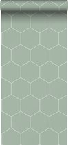 ESTAhome behang hexagon vergrijsd groen en wit - 139227 - 0.53 x 10.05 m