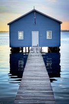 ESTAhome fotobehang strandhuis blauw, grijs en avondrood - 158611 - 186 cm x 2,79 m