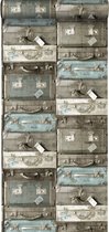 ESTAhome behang vintage koffers zeegroen en bruin - 138214 - 53 cm x 10,05 m