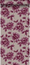 ESTAhome behang aquarel geschilderde rozen aubergine paars en taupe - 128017 - 53 cm x 10,05 m