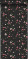 Origin behang bloemetjes zwart en roze - 326127 - 53 cm x 10,05 m