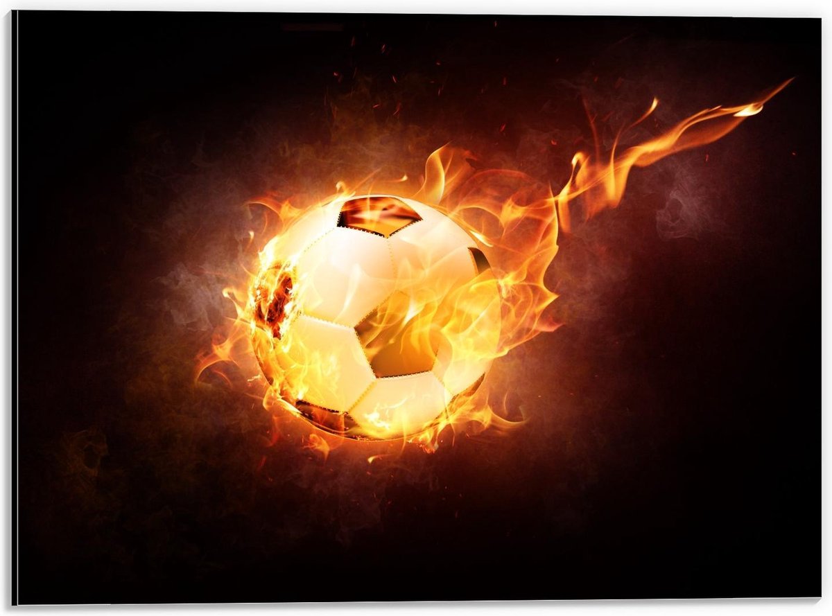 Dibond - Voetbal met Snelheidsvuur - 40x30cm Foto op Aluminium (Wanddecoratie van metaal)