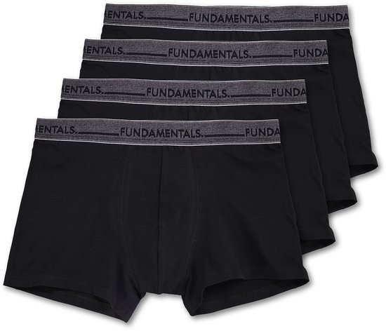 Zwarte trunks met grijze tailleband met "FUNDAMENTALS" logo, verpakt per vier.