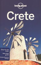 Boekomslag van Lonely Planet Crete met twee traditionele witte windmolens tegen een blauwe hemel.
