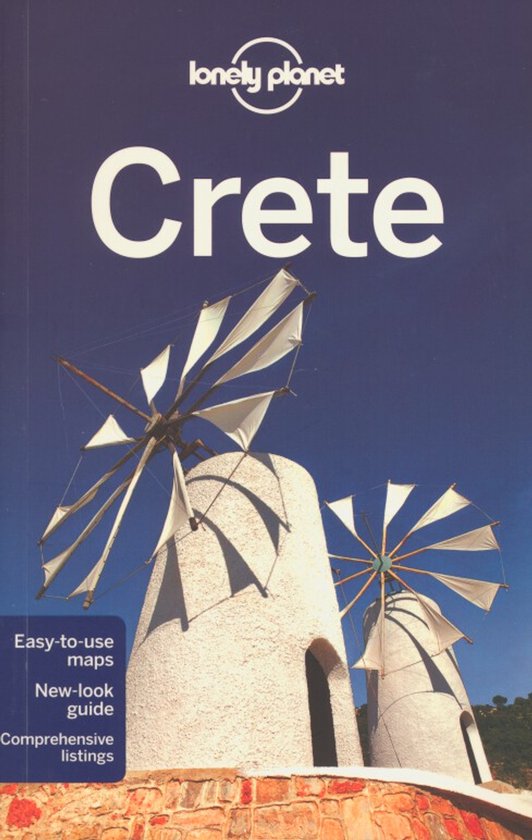 Boekomslag van Lonely Planet Crete met twee traditionele witte windmolens tegen een blauwe hemel.