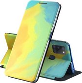 Voor Samsung Galaxy A21s Spanning Aquarel Patroon Huid Voelen Magnetische Horizontale Flip PU Lederen Case met Houder (Geel)