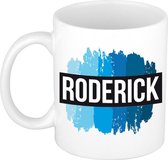 Roderick naam cadeau mok / beker met verfstrepen - Cadeau collega/ vaderdag/ verjaardag of als persoonlijke mok werknemers