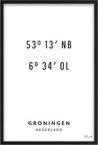 Poster Coördinaten Groningen - A3 - 30 x 40 cm - Inclusief lijst (Zwart MDF)