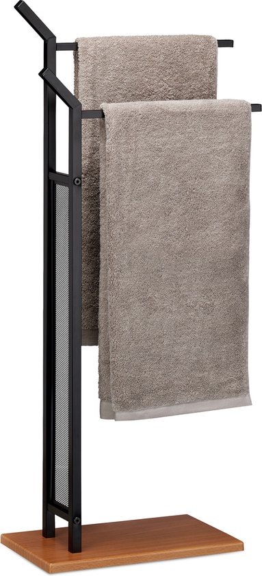 Relaxdays 2-Armed Bathroom Towel Rail Freestanding HBD: 88 x 40 x 20 cm, Iron & MDF, Black
