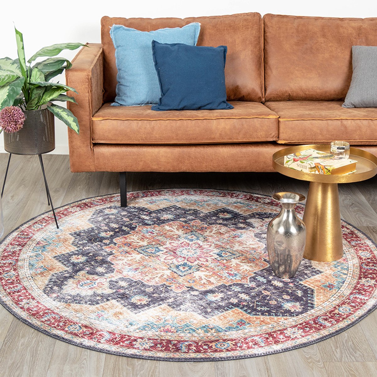 Fraai Rond Vintage vloerkleed - Azara Blauw/Rood - Ø 120cm