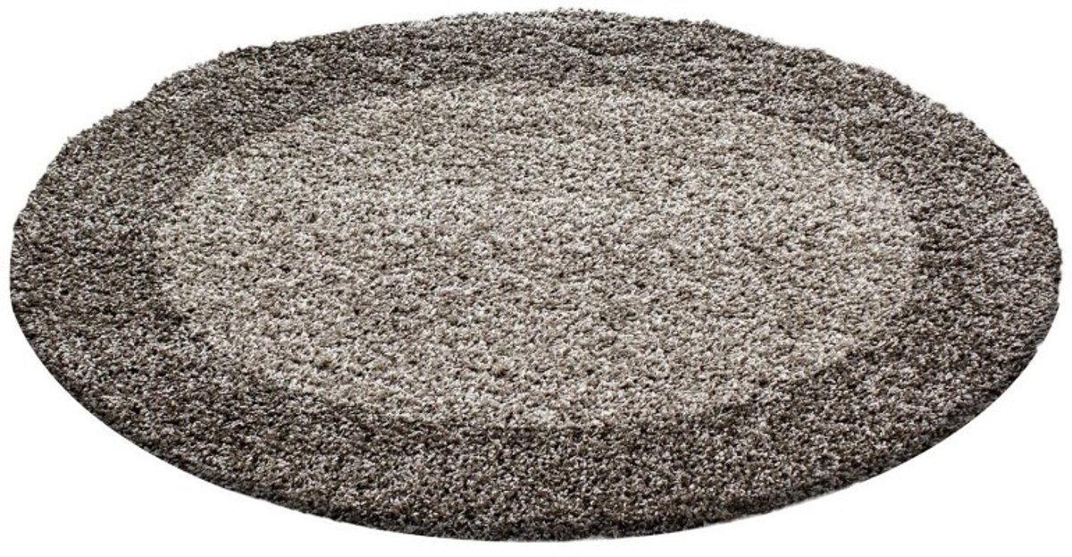 Hoogpolig vloerkleed met randafwerking, taupekleur, geschikt voor de woonkamer, met jute achterkant, rond formaat: 120 cm