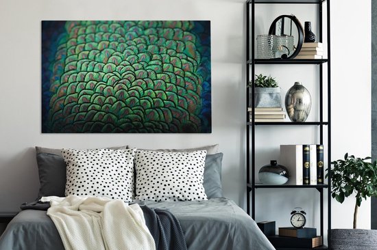 Canvas schilderij 140x90 cm - Wanddecoratie Pauwenveren print - Muurdecoratie woonkamer - Slaapkamer decoratie - Kamer accessoires - Schilderijen