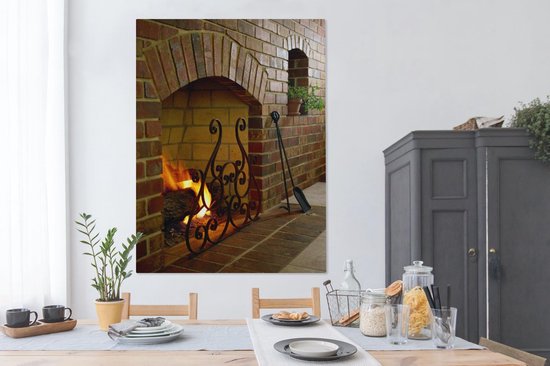 Feu dans une cheminée 120x160 cm - Tirage photo sur toile (Décoration murale salon / chambre) XXL / Grand format!