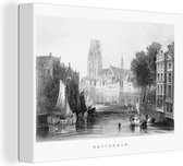 Canvas Schilderij Zwart-wit illustratie van het centrum van Rotterdam met grachten - 40x30 cm - Wanddecoratie