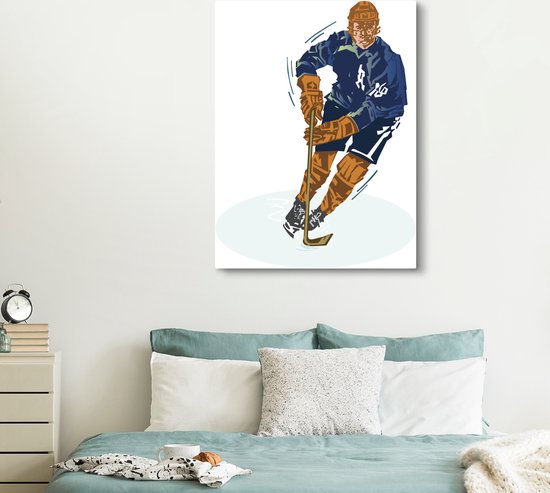 Un joueur de hockey sur glace avec un costume bleu dans une toile d'illustration 120x160 cm - Tirage photo sur Toile (Décoration murale salon / chambre) XXL / Groot format!
