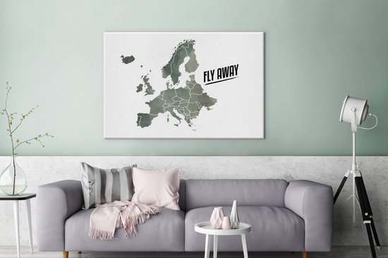 Carte de l'Europe à l'aquarelle grise avec la citation Fly away 120x80 cm - Tirage photo sur toile (Décoration murale salon / chambre)