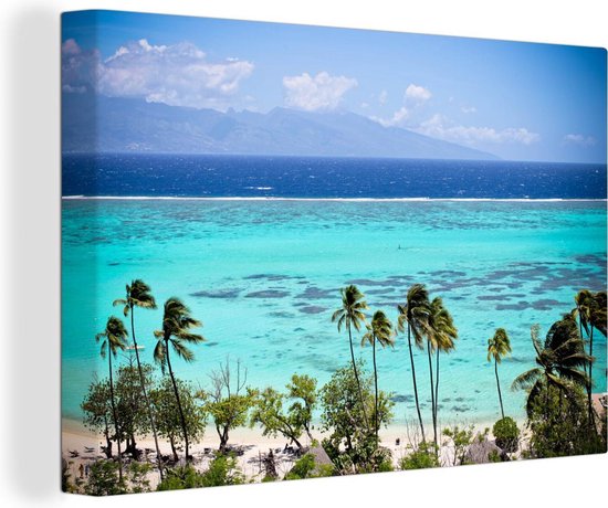 Canvas schilderij 150x100 cm - Wanddecoratie Palmen op de kust van Moorea in Frans-Polynesië - Muurdecoratie woonkamer - Slaapkamer decoratie - Kamer accessoires - Schilderijen