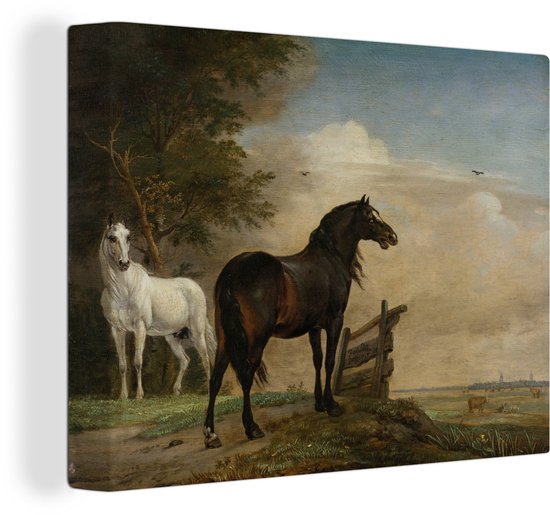 Canvas Schilderij Twee paarden in de wei bij een hek - Schilderij van Paulus Potter - 40x30 cm - Wanddecoratie