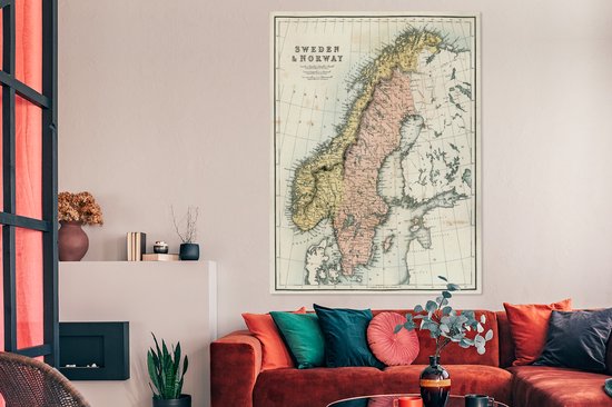 Carte ancienne de la Suède et de la Norvège 120x160 cm - Tirage photo sur toile (Décoration murale salon / chambre) XXL / Groot format!