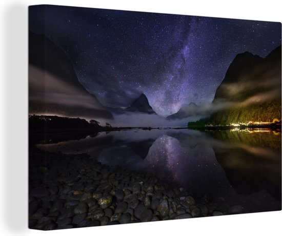 Nationaal park Fiordland in Nieuw-Zeeland bij nacht Canvas 90x60 cm - Foto print op Canvas schilderij (Wanddecoratie woonkamer / slaapkamer)