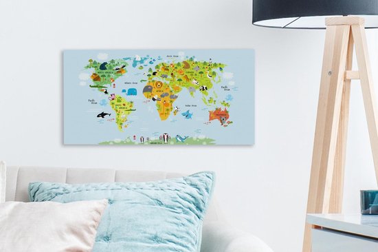 Toiles Peintures - Wereldkaart Enfants - Animaux - Couleurs - 40x20 cm - Décoration murale