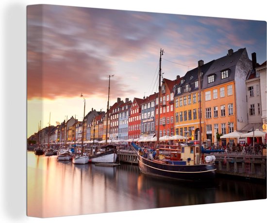 Canvas schilderij 140x90 cm - Wanddecoratie De zonsondergang bij Nyhavn - Muurdecoratie woonkamer - Slaapkamer decoratie - Kamer accessoires - Schilderijen