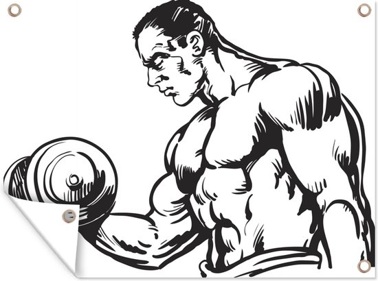 Muurdecoratie buiten Een illustratie van bodybuilding met gewichten - 160x120 cm - Tuindoek - Buitenposter