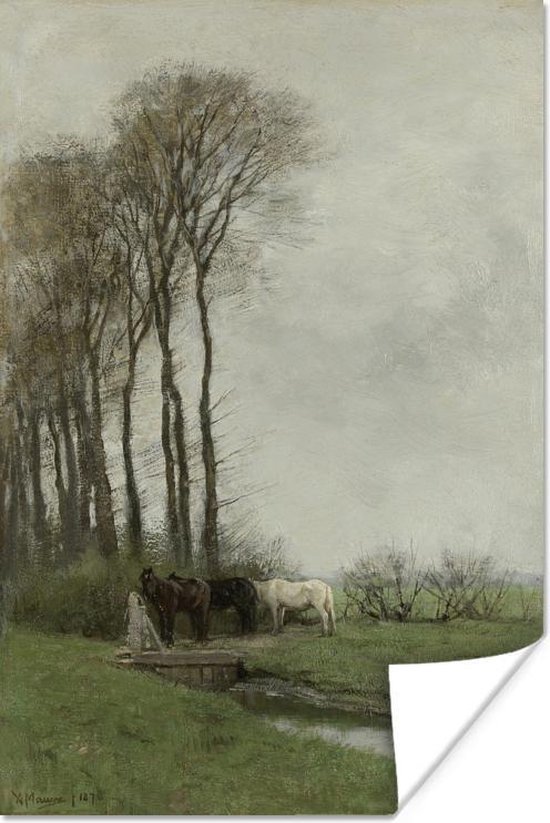 Paarden bij het hek - Schilderij van Anton Mauve Poster 75x150 cm - Foto print op Poster (wanddecoratie woonkamer / slaapkamer)