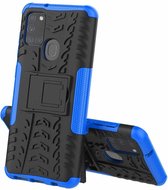 Voor Samsung Galaxy A21s Tyre Texture Shockproof TPU + PC beschermhoes met houder (blauw)