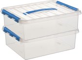 2x Sunware Q-Line opberg boxen/opbergdozen 12 liter 38 x 30 x 12 cm kunststof - A4 formaat opslagbox - Opbergbak kunststof transparant/blauw