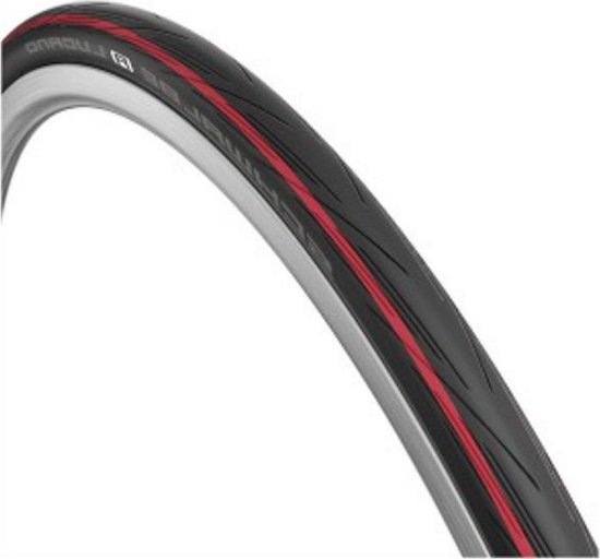 Zwarte Schwalbe Lugano 2 fietsband met rode strepen, tekst "SCHWALBE LUGANO 2".