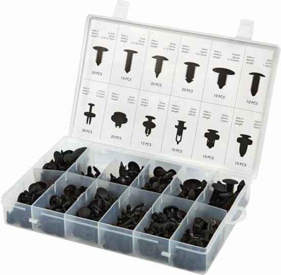 Open koffer met HBM 192-delig assortiment bekledingsclips, georganiseerd per type.