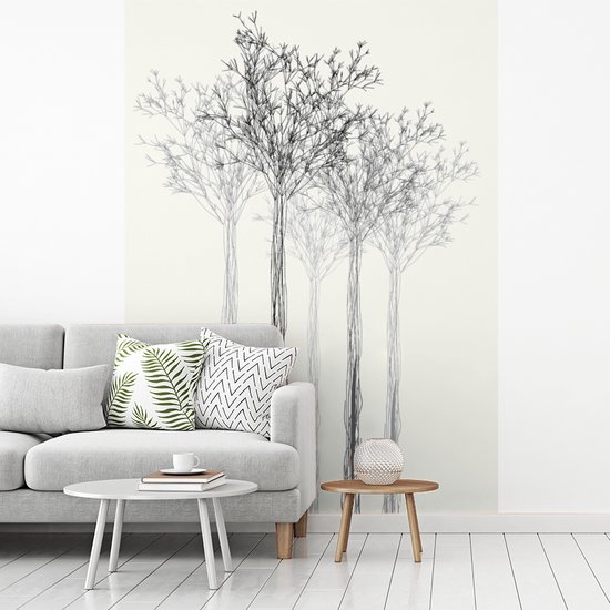 Verschillende goederen Triatleet wees onder de indruk Behang - Fotobehang Een zwart-wit illustratie van een rij bomen - Breedte  205 cm x... | bol.com