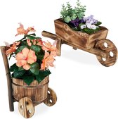 Relaxdays plantenbak kruiwagen - set van 2 - houten tuindecoratie - bloembak vintage kar