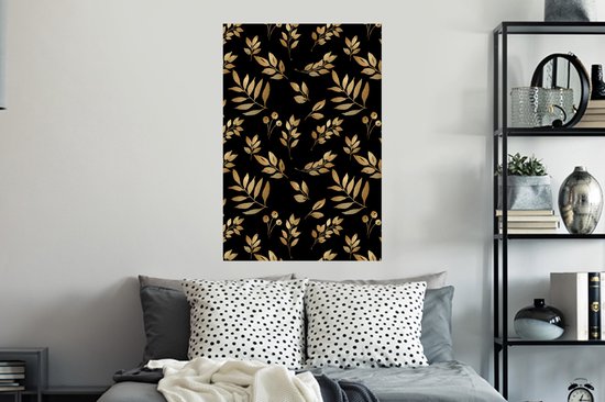 Sticker Muursticker Feuilles dorées/roses - Motif de branches avec feuilles et baies dorées sur fond noir - 60x90 cm - Film adhésif autocollant - Sticker mural repositionnable