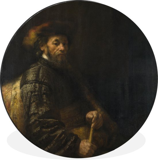 Zittende man met een stok - Schilderij van Rembrandt van Rijn Wandcirkel aluminium