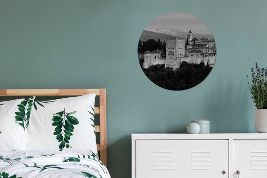 WallCircle - Muurstickers - Behangcirkel - Zwart-wit beeld verlichte muren van het Alhambra in Spanje - 50x50 cm - Muurcirkel - Zelfklevend - Ronde Behangsticker - Merkloos