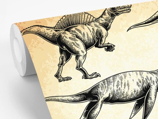 Behang - Fotobehang Dinosaurus - Vintage - Tekening - Kinderen - Jongens - Kids - Kindje - Breedte 300 cm x hoogte 300 cm
