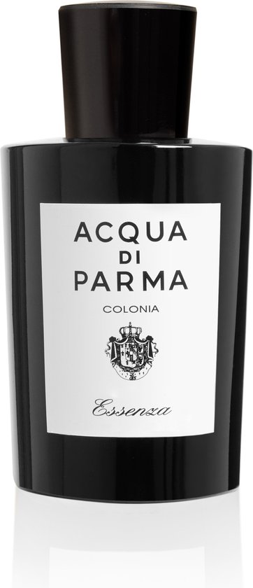 Zwarte fles Acqua di Parma Colonia Essenza met wit label.