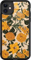 iPhone 11 hoesje glas - Retro flowers - Hard Case - Zwart - Backcover - Bloemen - Geel