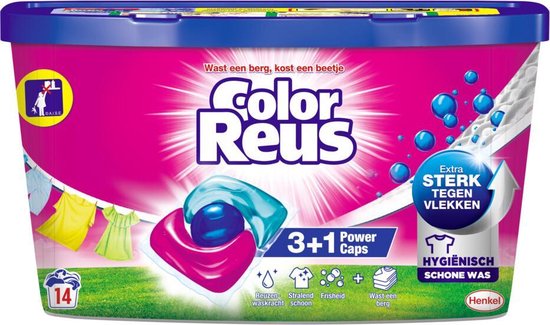 Roze doos Color Reus 3+1 Power Caps met aan de voorkant een wascapsule en wasgoed aan een waslijn.