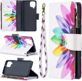 Voor Samsung Galaxy A12 Gekleurde Tekening Patroon Rits Horizontale Flip Leren Case met Houder & Kaartsleuven & Portemonnee (Zonnebloem)