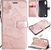 Voor Samsung Galaxy A01 3D vlinders reliëf patroon horizontale flip lederen tas met houder & kaartsleuf & portemonnee (rose goud)