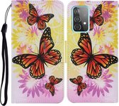 Voor Samsung Galaxy A52 5G Gekleurde Tekening Patroon Horizontale Flip PU Lederen Case met Houder & Kaartsleuven & Portemonnee & Lanyard (Chrysanthemum Vlinder)